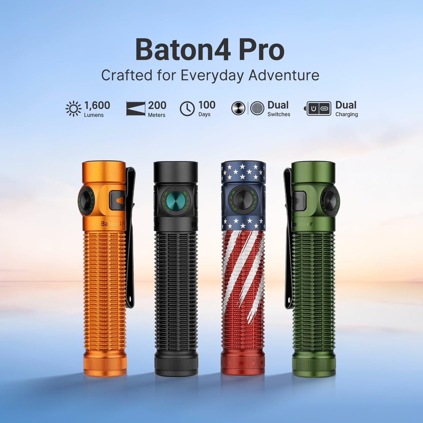 OLIGHT Baton4 Pro EDC Flashlight Rechargeable, 1600 Lumens Small Pocket LED Light with Tactical Switch and Magnetic & USB C Dual Charging for Home Use, Camping and Emergency (Stars&Stripes Edition)