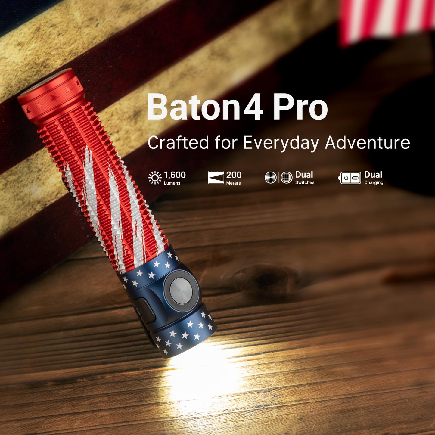 OLIGHT Baton4 Pro EDC Flashlight Rechargeable, 1600 Lumens Small Pocket LED Light with Tactical Switch and Magnetic & USB C Dual Charging for Home Use, Camping and Emergency (Stars&Stripes Edition)